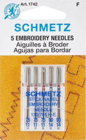 Schmetz Embroidery Machine Needles 5pack - Sizes 11/75 (3) & 14/90 (2)