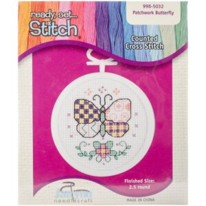 Janlynn Mini Counted Cross Stitch Kit 2.5" Round-Patchwork Butterfly (18 Count)