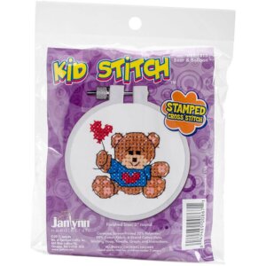 Janlynn/Kid Stitch Stamped Cross Stitch Kit 3" Round-Bear & Balloon
