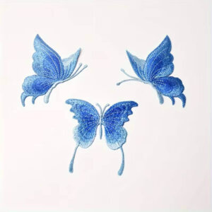 3pc Sew On Blue Lace Embroidered Butterfly Patches