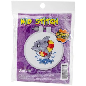 Janlynn Kid Stitch Stamped Cross Stitch Kit 3" Round-Dolphin Splash