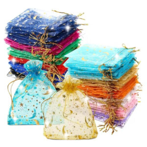 100pc 2.7x3.5 Moon & Star Mixed Colors Drawstring Organza Bag