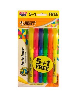 BIC Brite Liner Highlighters, Assorted Colors, 5 + 1 Pack