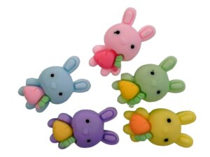 5pc Colored Bunny with carrot Resin 3/4in