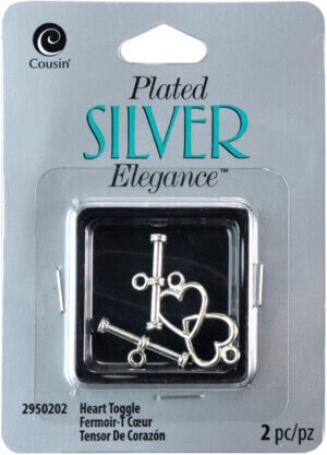 CousinDIY Plated Silver Elegance Metal Findings-Heart Toggles 15mm 2/Pkg