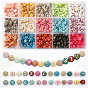 450pc Color Mix with Gold Letters 7mm with Case Alphabet Beads