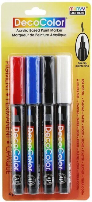 Uchida DecoColor Fine Tip Paint Marker Set 4/Pkg-Blue, Red, Black And White