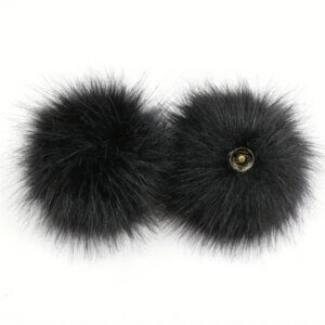 2pc 14cm Black Snap On Faux Fur Pom Poms