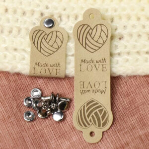 20pc Tan Folding Rivet On Label Heart Made With Love 2x6cm