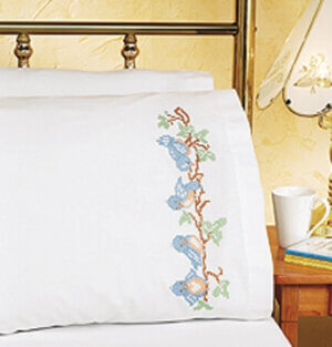 Janlynn Stamped Cross Stitch Pillowcase Pair 20"X30"-Birds On A Branch