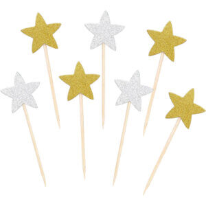 25pc Glitter Star wood picks 3.2in toothpicks