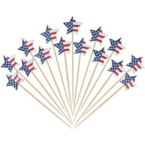 25pc USA Flag Star Bamboo Cocktail Picks 5in Cake Toppers