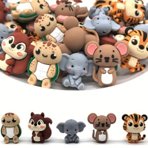 5pc Animal Series Silicone Beads 20-28mm Tiger Elephant Turtle Squirrel Mouse