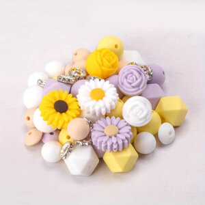 65pc 12-22mm Purp/Wht/Yllw Mixed Flower Set Silicone Beads