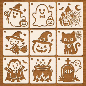 9pc Halloween Themed Stencils 4x4in Ghost, Pumpkin, Cat, Witch, Vampire