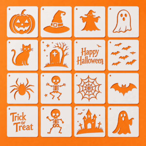 16pc Halloween Themed Stencils 4x4in Ghost, Pumpkin, Cat, Witch, Spider, Skeleton