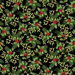Black Multi Holly And Mistletoe 6in Repeat 44in wide 100% Cotton Pattern Fabric