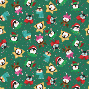 Festive Penguins Green 44in wide 100% Cotton Pattern Fabric