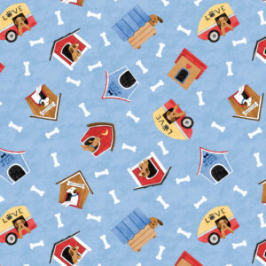 Light Blue Doghouse Bone Toss 44in wide 100% Cotton Pattern Fabric