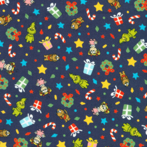 Blue Tossed Christmas Motifs, Grinch, Max, Cindy Lou 44in wide 100% Cotton Pattern Fabric