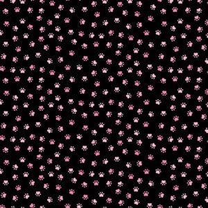 Black Pink Heart Pawprints 44in wide 100% Cotton Pattern Fabric