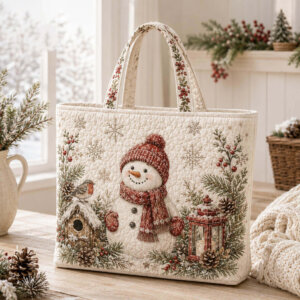 15x17 Big Snowman with Red Scarf Quilted Tote Bag with Zipper