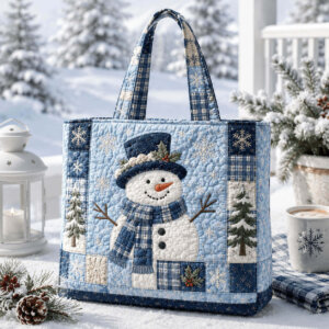 15x17 Big Snowman with Blue Scarf Quilted Tote Bag with Zipper