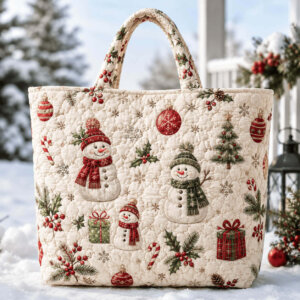 15x17 Small Snowman with Presents and Trees on White Quilted Tote Bag with Zipper
